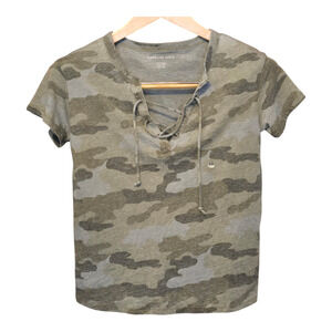 American Eagle Tee Womens Size XS Green Camo Short Sleeve Lace Up Casual